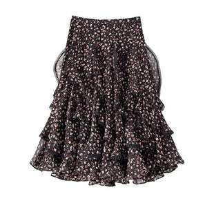 BANANA CICI2026年春季新款不规则蕾丝花边拼接碎花雪纺中长半裙