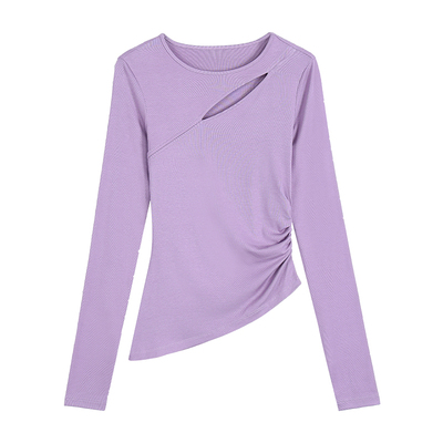 辰米范 小心机 不规则镂空长袖t恤女斜领内搭打底衫修身针织上衣