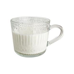 复古浮雕玻璃杯带把手早餐杯咖啡牛奶杯带盖带勺办公室专用喝水杯
