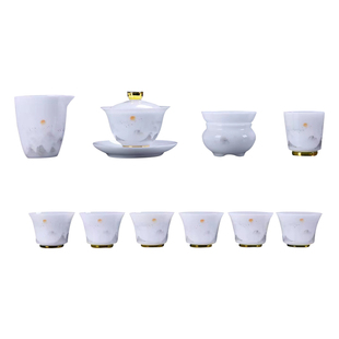 匠仙冰种玉瓷茶具套装高档白瓷墨彩盖碗功夫茶具家用办公室泡茶器