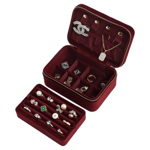 高档丝绒珠宝首饰收纳盒小型双层首饰盒复古便携式出差项链戒指盒