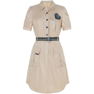 XG雪歌通勤简约卡其色连衣裙时尚春季新款花卉印花短袖中长裙女装