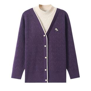 中年妈妈春装新款毛衣女春秋冬加绒加厚中老年人假两件长袖打底衫