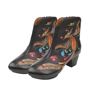 相伴真皮短靴女2025新款冬靴复古风刺绣妈妈皮靴民族风新中式女靴