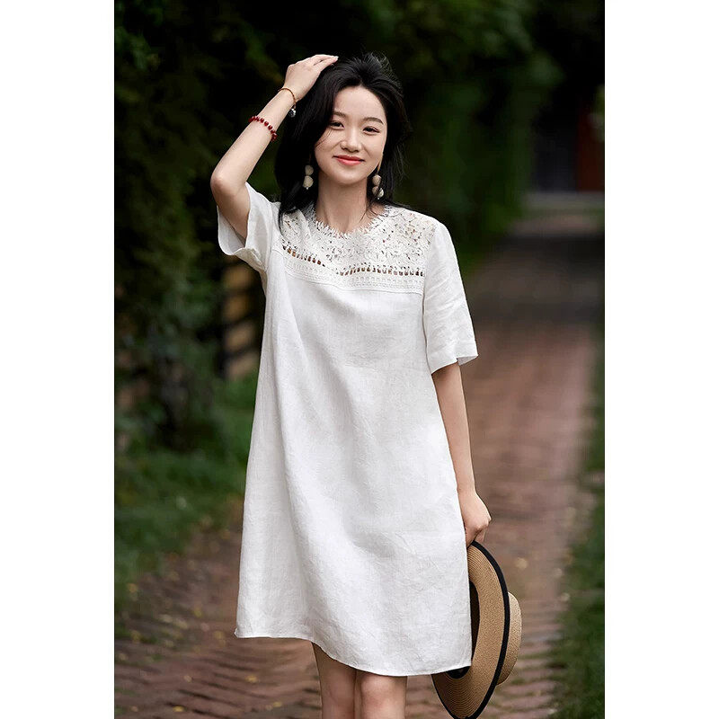 夏娃的女装一线大牌专柜外贸清仓捡漏欧货简约宽松圆领亚麻白色连