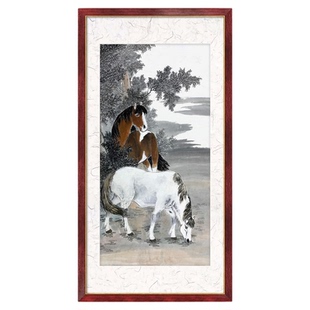 马到成功手绘画 中堂骏马国画 郎世宁牧马画 水墨野马蒙古包挂画