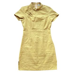 小个子旗袍日常年轻款可以穿着上班的简约复古黄色修身夏季女短款