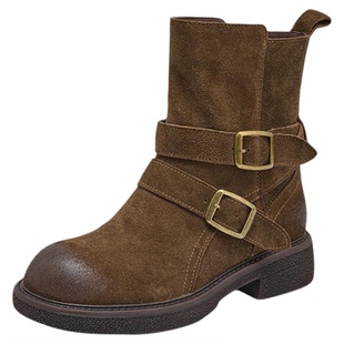 星期六短靴子女秋冬季新款加绒保暖美拉德厚底西部牛仔马丁靴