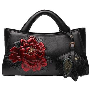 高档真皮手提包大容量妈妈包民族风牛皮压花牡丹花旗袍包宴会女包