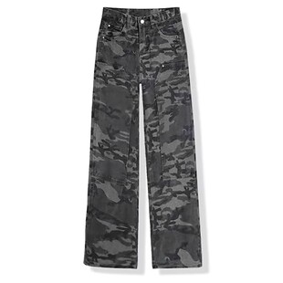 美式迷彩工装裤女秋季新款大码胖mm宽松显瘦梨形身材阔腿牛仔裤子