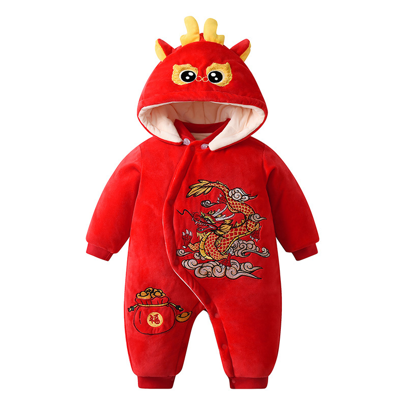 新生嬰兒衣服秋冬加厚加絨紅色寶寶連體衣龍年滿月外出服冬裝冬季