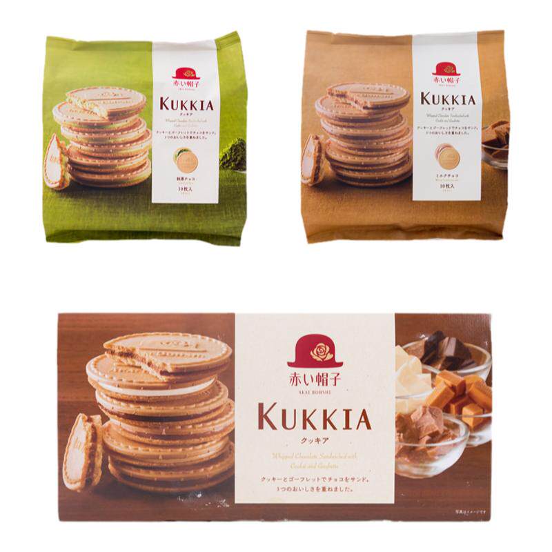 日本阡朋红帽子kukkia夹心饼干牛奶巧克力抹茶味薄脆饼休闲零食品