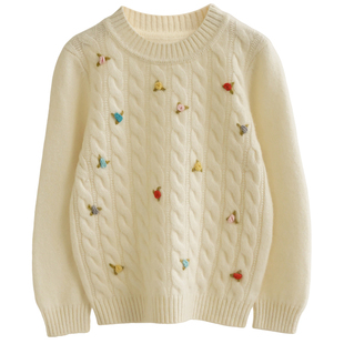 康赛妮100%纯山羊绒儿童毛衣女童立体手工绣小花宝宝白色毛衣新款