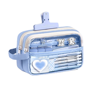 小学生笔袋耐脏透明大容量女孩2026新款高颜值ins风线条小狗铅笔盒初高中生文具袋痛包多层分区文具收纳袋