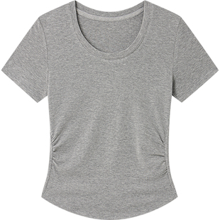 Halo Luu灰色u领短袖t恤女夏季2025新款修身正肩收腰短款针织上衣