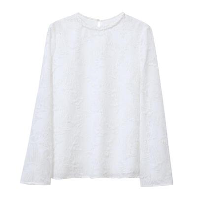 Amii2026春新款圆领拼香风织带凤尾剪花肌理雪纺衫女喇叭袖上衣