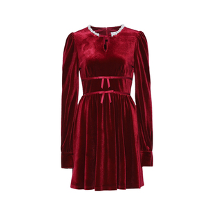 DPLAY2025秋季新款法式红色连衣裙女气质本命年短款丝绒裙子长袖