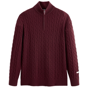 太平鸟男装 休闲毛衫26春时尚新款经典绞花半拉链含羊毛宽松毛衣