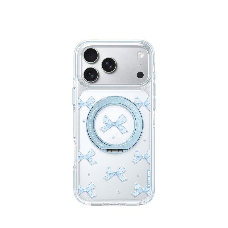 MASFEIL× 蓝蝴蝶结适用iPhone18Promax手机壳新款ip16磁吸带支架Go8苹果17Pro保护套支点透明高级感15简约13