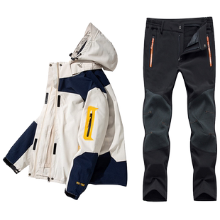 户步行者户外冬季冲锋衣定制男女三合一衣裤套装工作服外套印logo