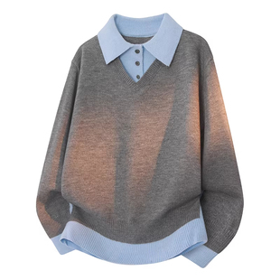 灰色假两件polo领针织衫男款冬季高级感美式老钱风人夫感穿搭毛衣