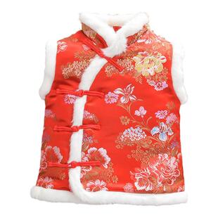 男女童新年唐装亲子马甲婴儿红色演出礼服儿童宝宝仿兔毛毛领背心