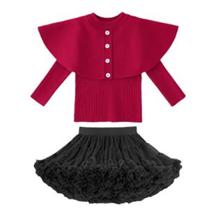 女童秋冬凸凸裙套装女宝宝红色套头斗篷毛衣超蓬凸凸裙可爱两件套