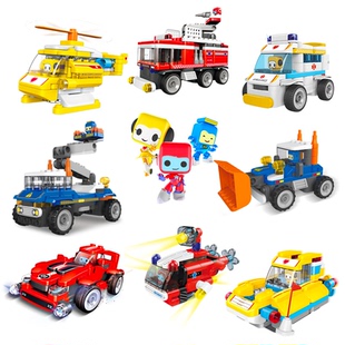 百变布鲁可大颗粒积木拼装吊车挖掘机直升机儿童男孩益智玩具车