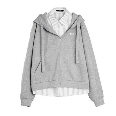 ELLE假两件条纹衬衫卫衣短外套女