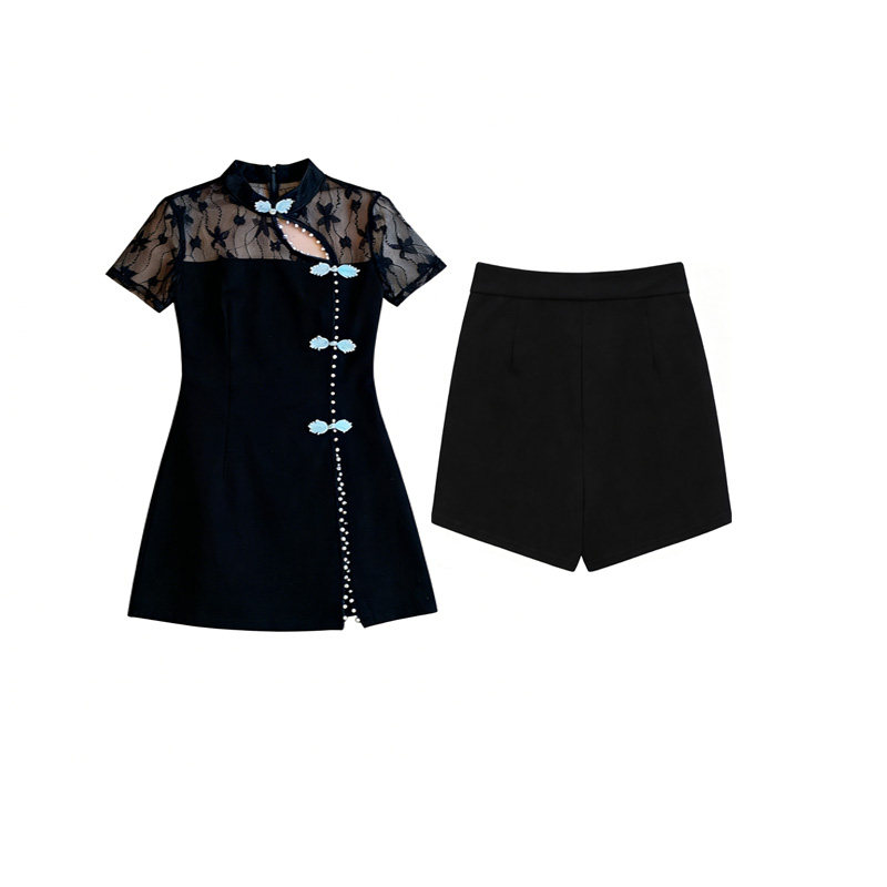 旗袍女夏改良年轻款少女足浴技师工作服两件套短袖拼接蕾丝连衣裙