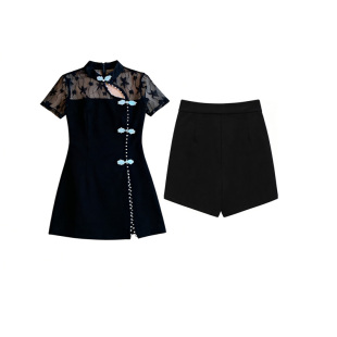 旗袍女夏改良年轻款少女足浴技师工作服两件套短袖拼接蕾丝连衣裙