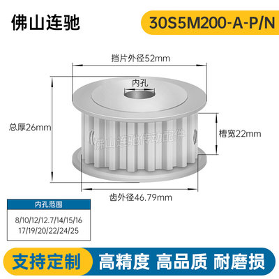 S5M24齿 两面平同步轮 槽宽22 AF型 同步皮带轮齿轮铝24S5M200-A