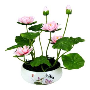 仿真小荷花盆景假花桌面摆件电视柜装饰花套装绢花供佛莲花佛堂花