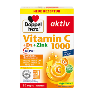 德国Doppelherz双心维生素C片1000mg维生素D3成人补充维C VC30粒