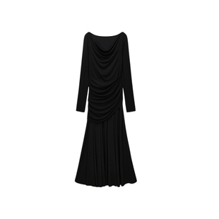 OCHIRLY欧时力 天丝不对称褶饰针织连衣裙收腰长裙2025秋季新品