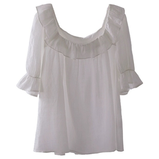 miccbeirn夏季苎麻甜美减龄纯色荷叶袖上衣温柔木耳领短T恤娃娃衫