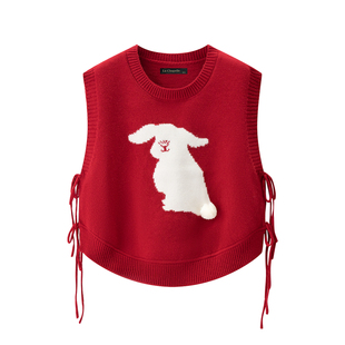 拉夏贝尔/La Chapelle红色卡通刺绣针织马甲女秋冬季新款坎肩背心