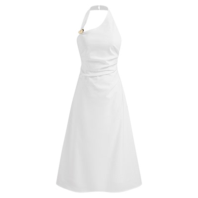 CIDER 夏季女装亚麻褶皱中长款斜领挂脖连衣裙114539411