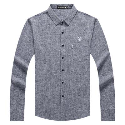 花花公子方领长袖休闲棉麻衬衫