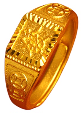越南沙金男士开口戒指黄金色新款时尚精致纹理感福字指环首饰饰品