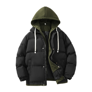 乱步假两件连帽棉衣男2025冬季新款加厚保暖棉服外套冬装户外棉袄