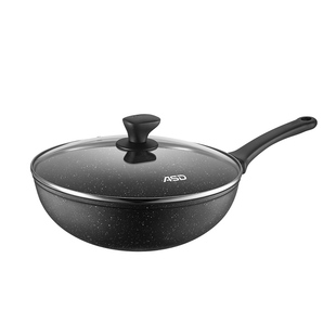 爱仕达不粘锅炒锅家用麦饭石色平底炒菜锅加深耐磨燃气灶电磁炉用