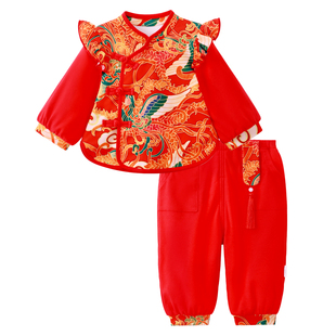 龙喜年周岁女宝礼服红新年中式国风拜年加厚套装百天抓周宴衣服冬