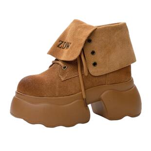 震地王女靴小个子休闲秋冬新款二穿短靴12cm真皮内增高厚底马丁靴