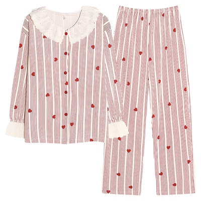 纯禧睡衣女长袖带胸垫春秋季纯棉加厚公主风爱心条纹甜美家居服