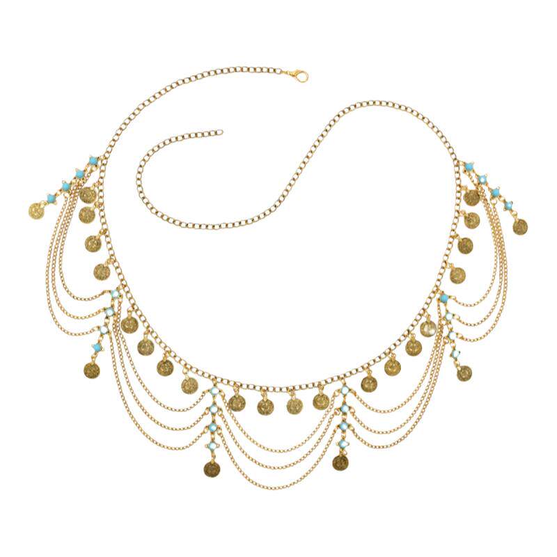 肚皮舞钱币腰链敦煌民族风多层流苏饰品云南写真腰饰长裙束腰腰带