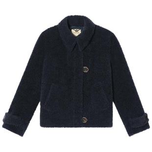 诗篇专选撞色羊皮革减龄时尚美丽诺绵羊毛短外套2025冬款