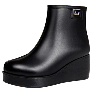 坡跟厚底短靴女冬季高跟妈妈靴子加绒加厚雪地靴防滑真皮羊毛皮鞋