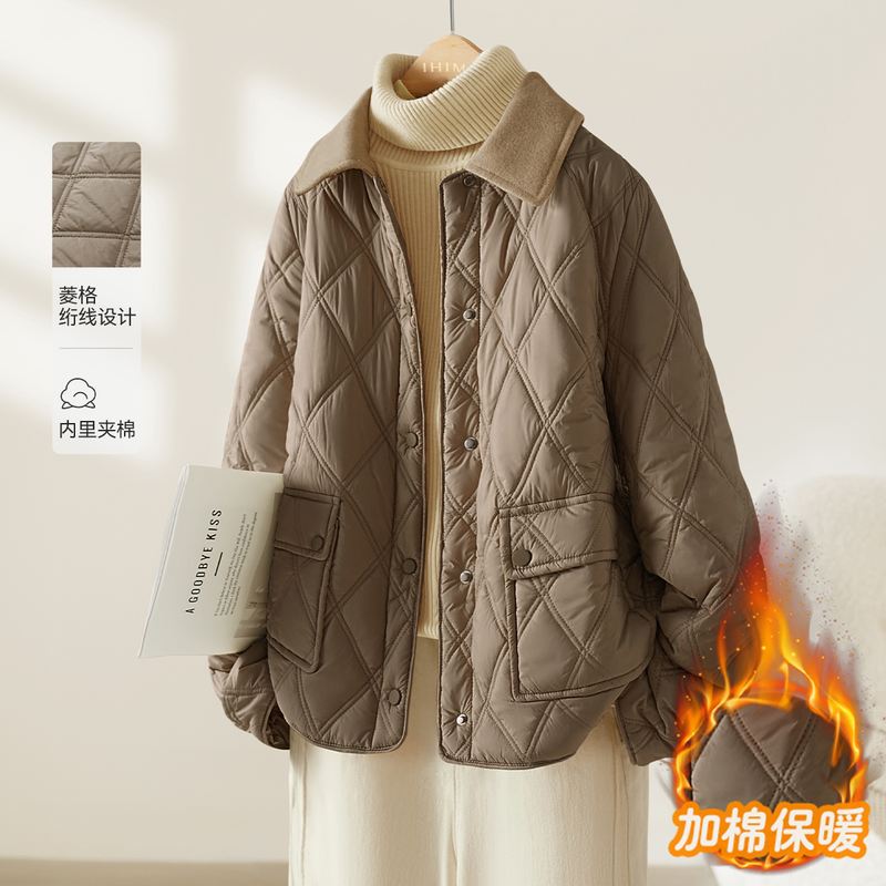 小香风棉服外套女2024新款秋冬夹棉高级感休闲时尚菱形格轻薄棉衣