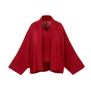 ByYou春季新款红色羊毛针织开衫外套套装女内搭V领吊带背心两件套